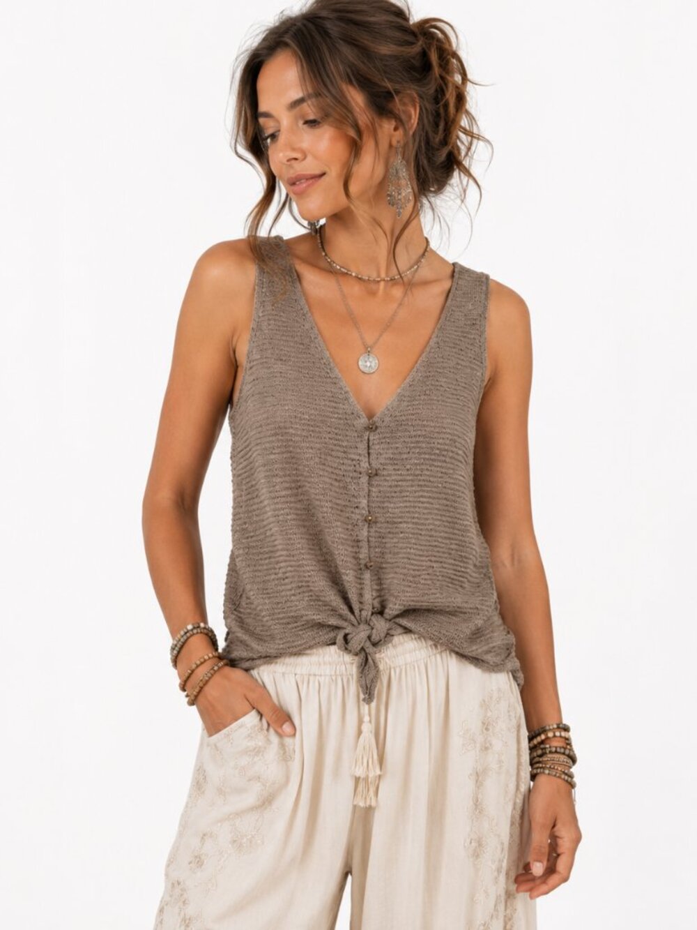 Madewell Texture & Thread Tie Front Tank Taupe Brown Women's M Boho Casual